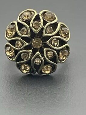 Vtg Inspired Bronze Tone Ring  Champagne Rhinestone Floral Motif Adjustable Band